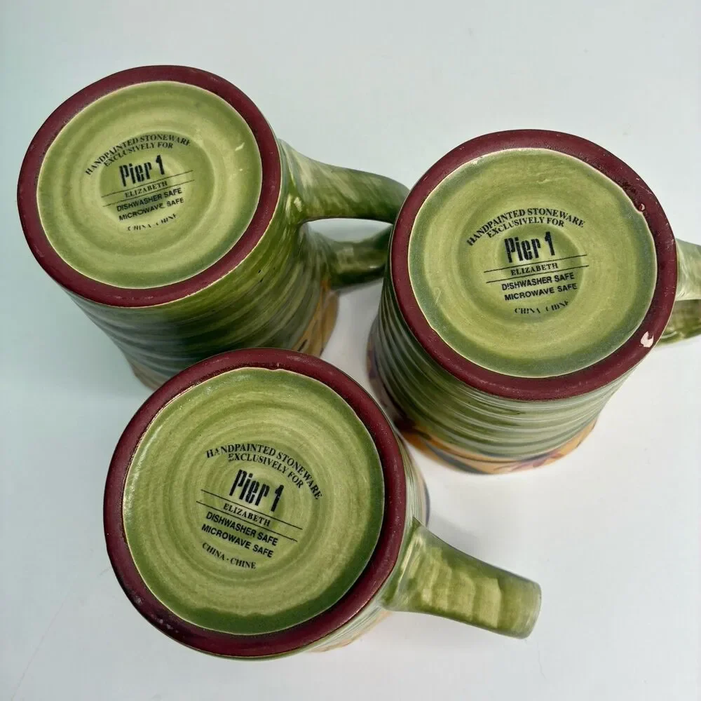 Pier 1 Elizabeth Hand Painted Stoneware Floral Green Blue Red Mugs Set Of 3